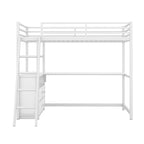 White Twin Size Metal Wood Loft Bed with Desk and Shelves, Two Built-in Drawers