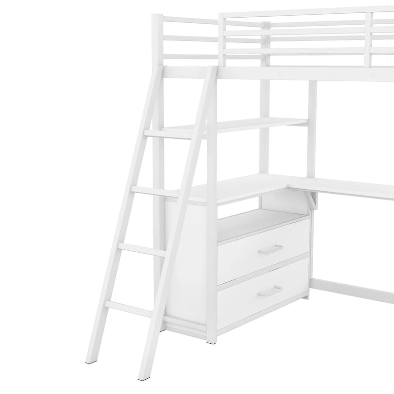 White Twin Size Metal Wood Loft Bed with Desk and Shelves, Two Built-in Drawers