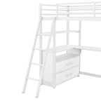 White Twin Size Metal Wood Loft Bed with Desk and Shelves, Two Built-in Drawers