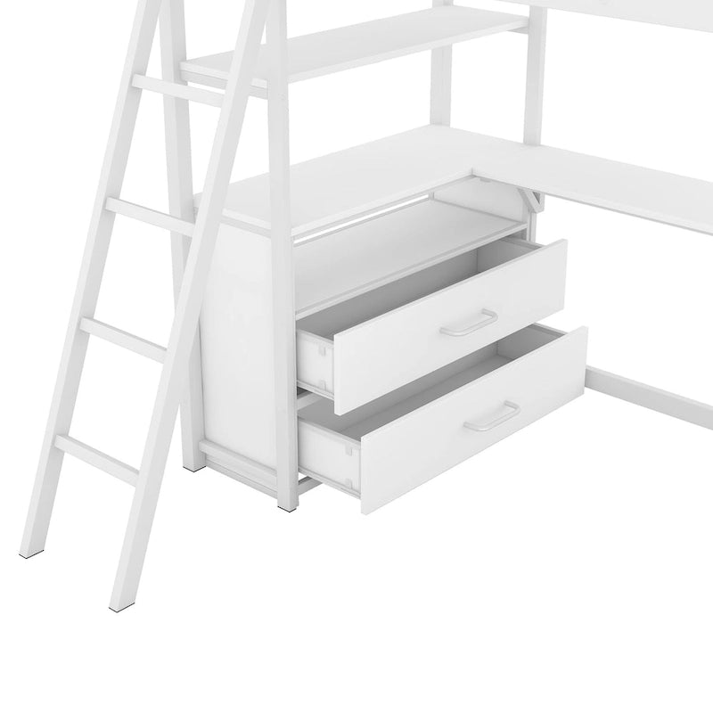 White Twin Size Metal Wood Loft Bed with Desk and Shelves, Two Built-in Drawers