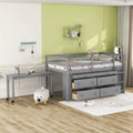 Gray Twin Size Solid Wood Loft Bed with Retractable Desk and Drawers