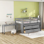 Gray Twin Size Solid Wood Loft Bed with Retractable Desk and Drawers