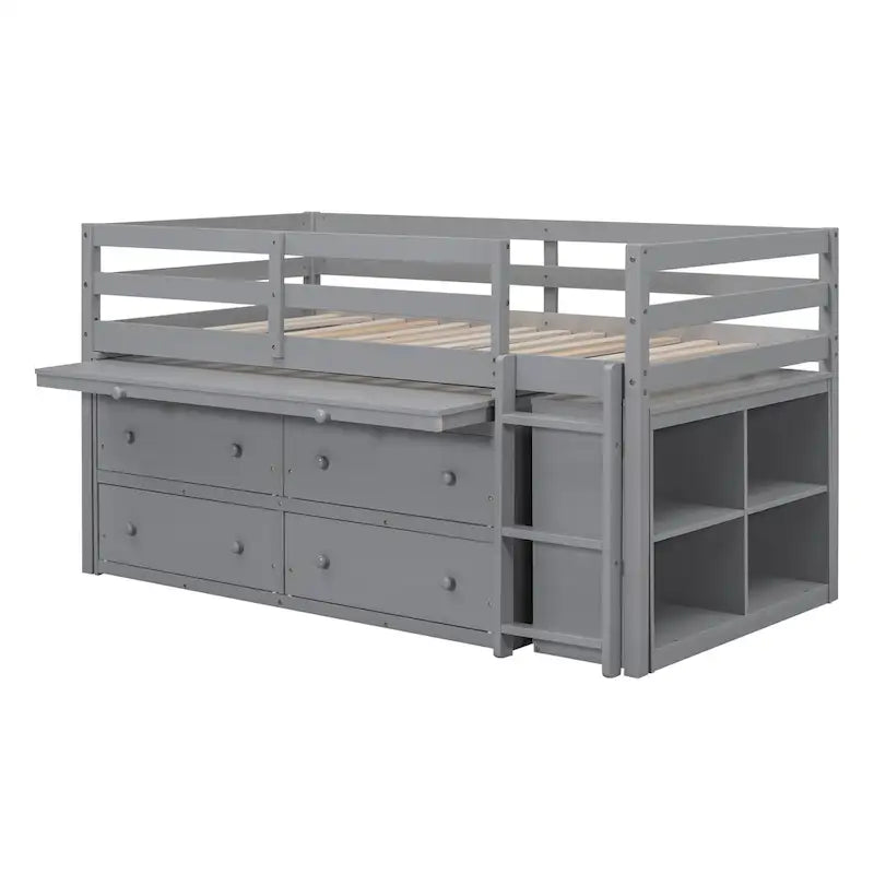 Gray Twin Size Solid Wood Loft Bed with Retractable Desk and Drawers