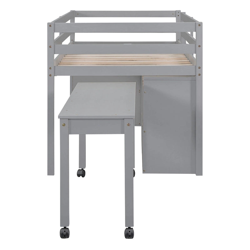 Gray Twin Size Solid Wood Loft Bed with Retractable Desk and Drawers