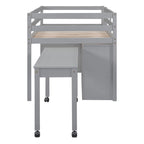 Gray Twin Size Solid Wood Loft Bed with Retractable Desk and Drawers
