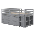 Gray Twin Size Solid Wood Loft Bed with Retractable Desk and Drawers