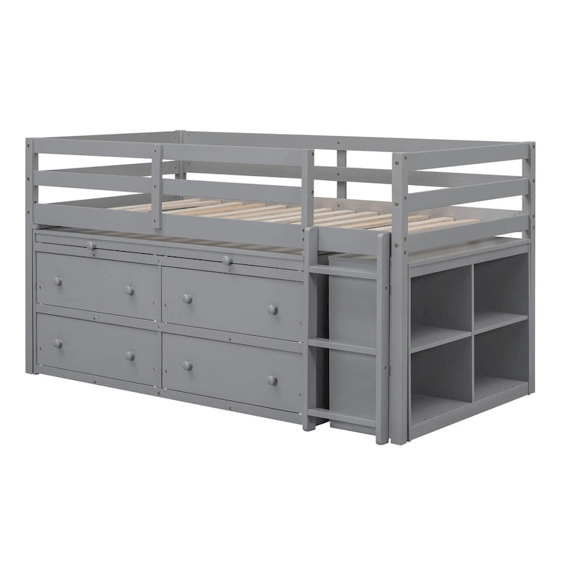 Gray Twin Size Solid Wood Loft Bed with Retractable Desk and Drawers