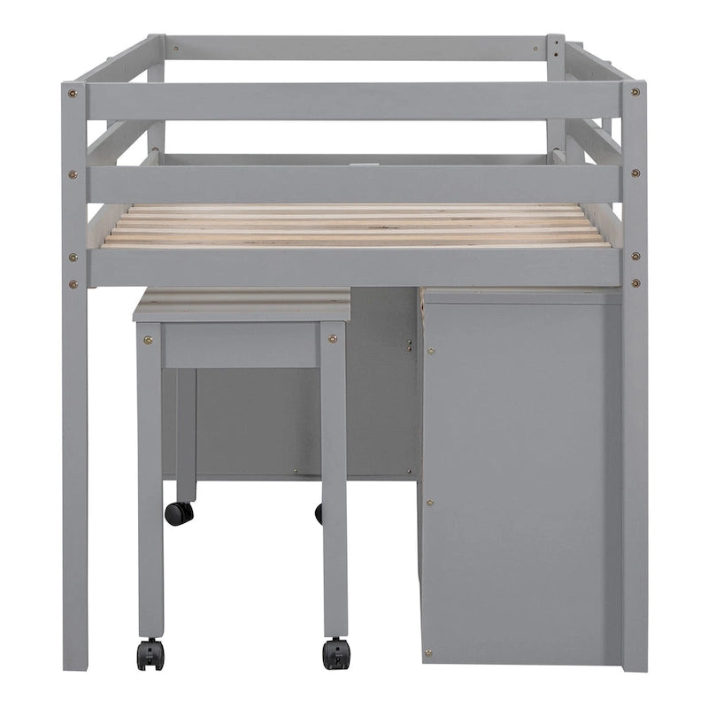 Gray Twin Size Solid Wood Loft Bed with Retractable Desk and Drawers
