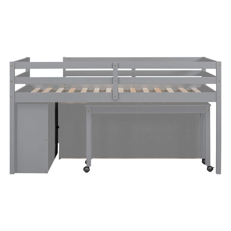 Gray Twin Size Solid Wood Loft Bed with Retractable Desk and Drawers