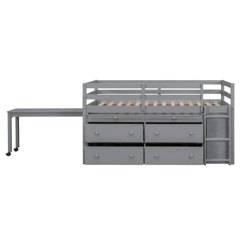 Gray Twin Size Solid Wood Loft Bed with Retractable Desk and Drawers