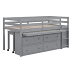 Gray Twin Size Solid Wood Loft Bed with Retractable Desk and Drawers