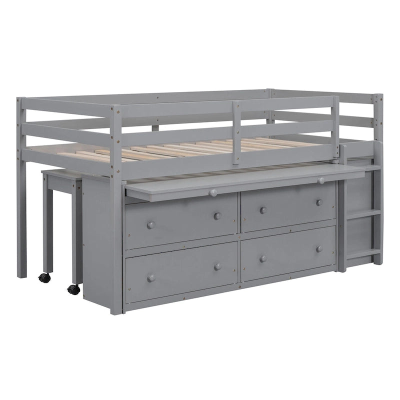 Gray Twin Size Solid Wood Loft Bed with Retractable Desk and Drawers