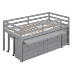 Gray Twin Size Solid Wood Loft Bed with Retractable Desk and Drawers