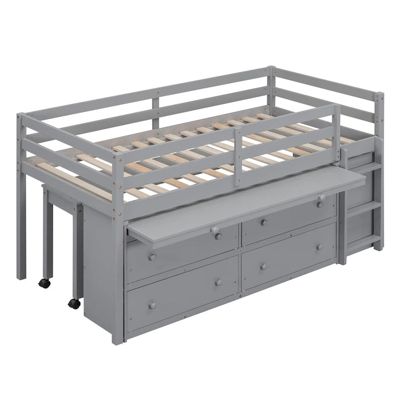 Gray Twin Size Solid Wood Loft Bed with Retractable Desk and Drawers
