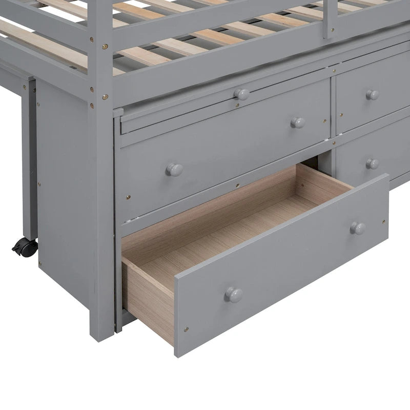 Gray Twin Size Solid Wood Loft Bed with Retractable Desk and Drawers