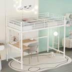 White Twin Size Metal Loft Bed with Desk, Ladder and Metal Grid for Kids, Teens, Girls, Boys