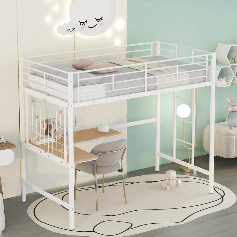 White Twin Size Metal Loft Bed with Desk, Ladder and Metal Grid for Kids, Teens, Girls, Boys