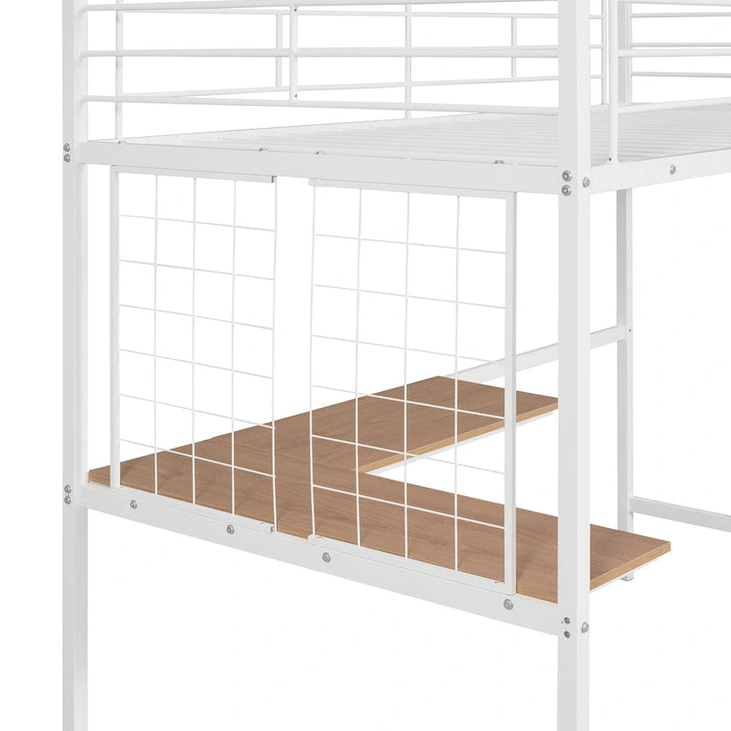 White Twin Size Metal Loft Bed with Desk, Ladder and Metal Grid for Kids, Teens, Girls, Boys