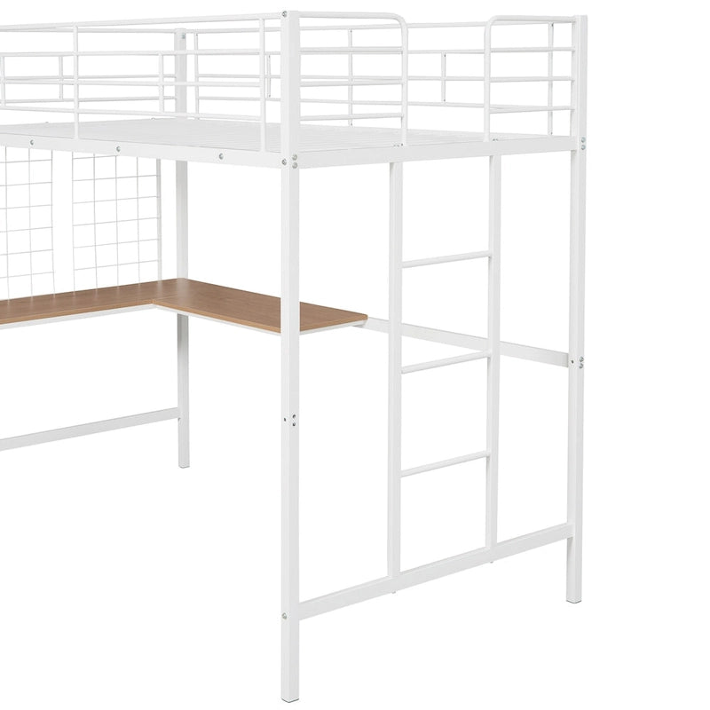 White Twin Size Metal Loft Bed with Desk, Ladder and Metal Grid for Kids, Teens, Girls, Boys