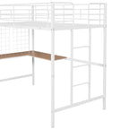 White Twin Size Metal Loft Bed with Desk, Ladder and Metal Grid for Kids, Teens, Girls, Boys