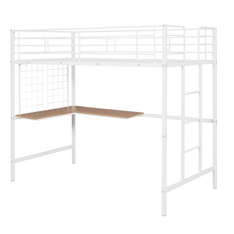 White Twin Size Metal Loft Bed with Desk, Ladder and Metal Grid for Kids, Teens, Girls, Boys