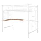 White Twin Size Metal Loft Bed with Desk, Ladder and Metal Grid for Kids, Teens, Girls, Boys