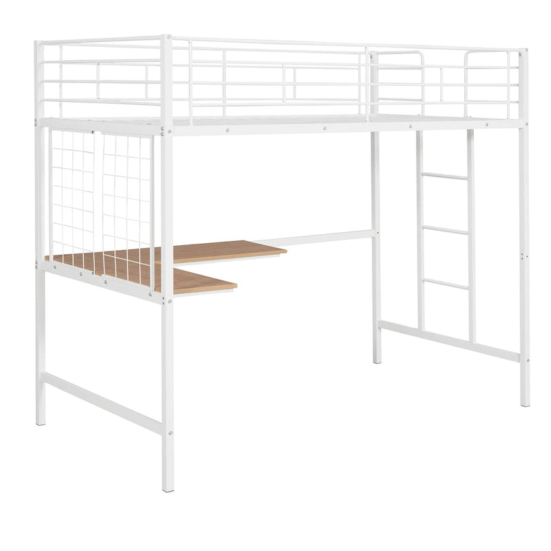 White Twin Size Metal Loft Bed with Desk, Ladder and Metal Grid for Kids, Teens, Girls, Boys