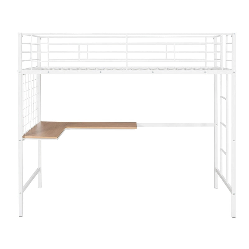 White Twin Size Metal Loft Bed with Desk, Ladder and Metal Grid for Kids, Teens, Girls, Boys