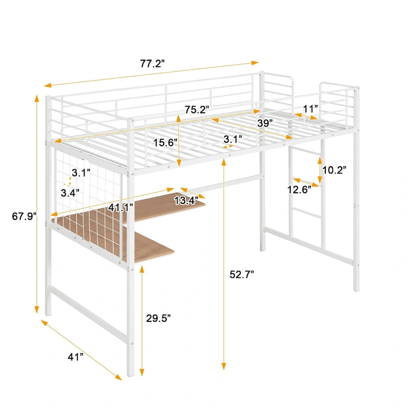 White Twin Size Metal Loft Bed with Desk, Ladder and Metal Grid for Kids, Teens, Girls, Boys
