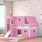 Pink Full Size Cute Wood House Loft Bed with Slide & Tent