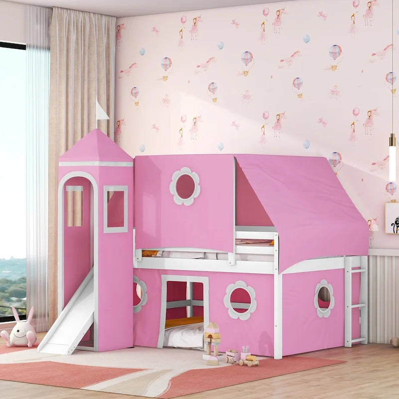 Pink Full Size Cute Wood House Loft Bed with Slide & Tent