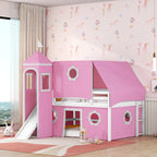 Pink Full Size Cute Wood House Loft Bed with Slide & Tent