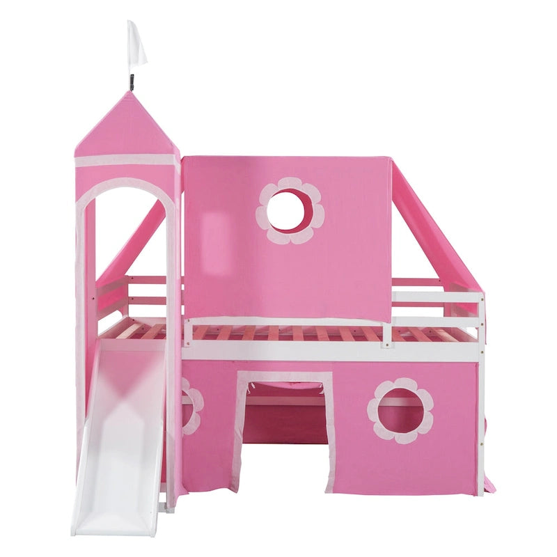 Pink Full Size Cute Wood House Loft Bed with Slide & Tent