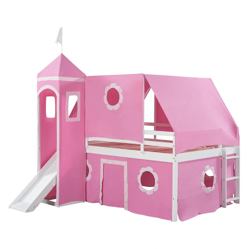 Pink Full Size Cute Wood House Loft Bed with Slide & Tent