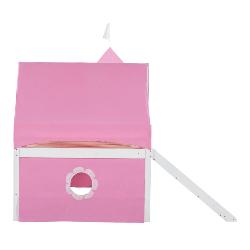 Pink Full Size Cute Wood House Loft Bed with Slide & Tent