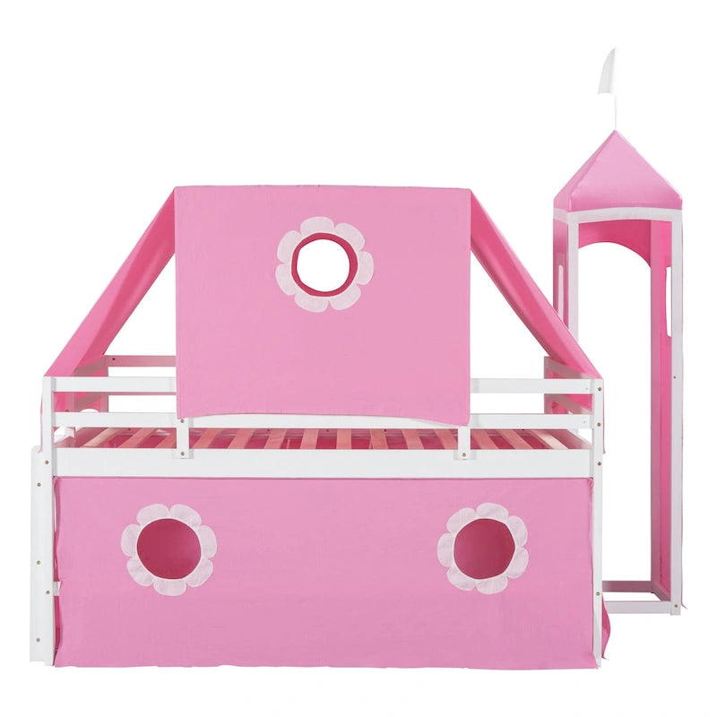 Pink Full Size Cute Wood House Loft Bed with Slide & Tent