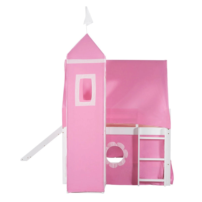 Pink Full Size Cute Wood House Loft Bed with Slide & Tent