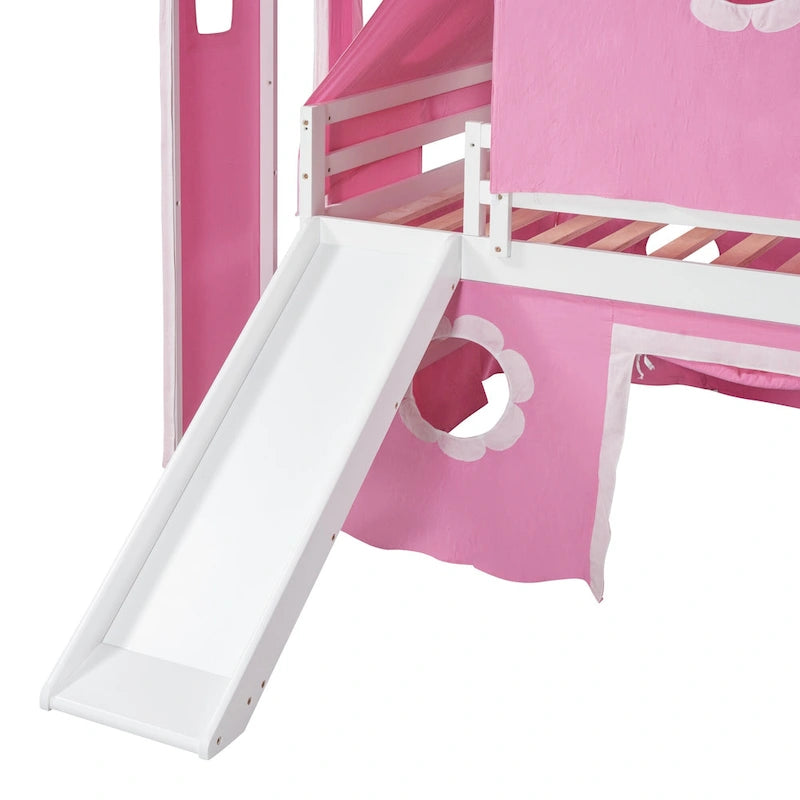 Pink Full Size Cute Wood House Loft Bed with Slide & Tent