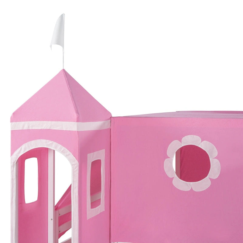Pink Full Size Cute Wood House Loft Bed with Slide & Tent