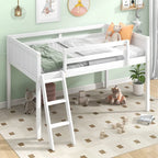 White Twin Size Low Loft Bed with Ladder & Fence Baffle