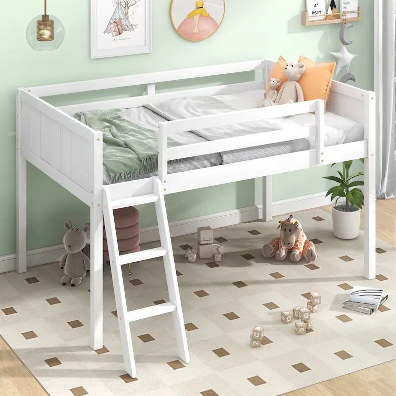 White Twin Size Low Loft Bed with Ladder & Fence Baffle