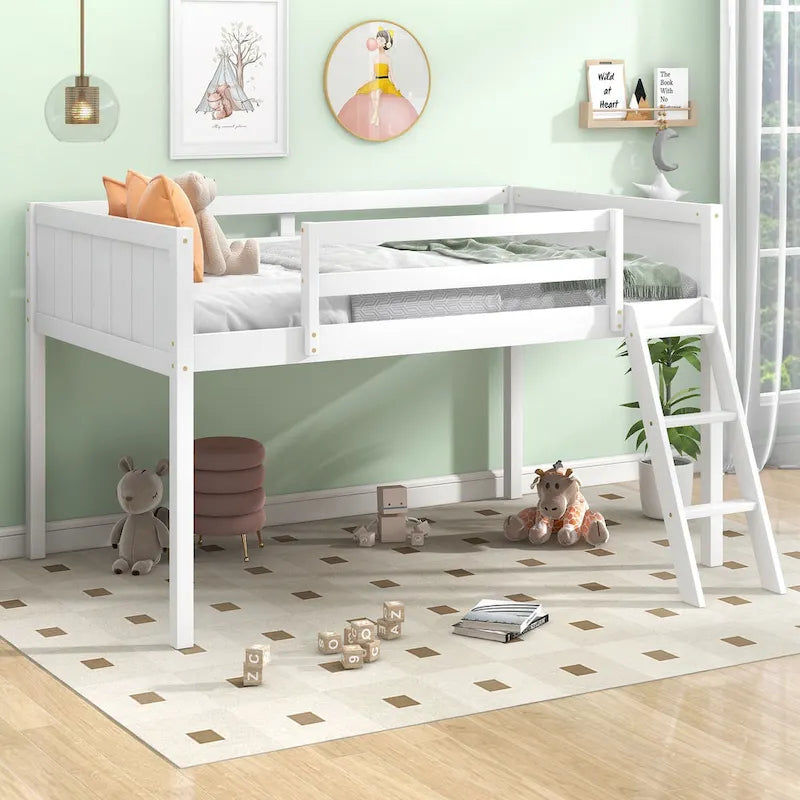 White Twin Size Low Loft Bed with Ladder & Fence Baffle
