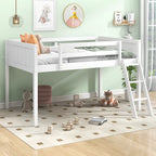 White Twin Size Low Loft Bed with Ladder & Fence Baffle