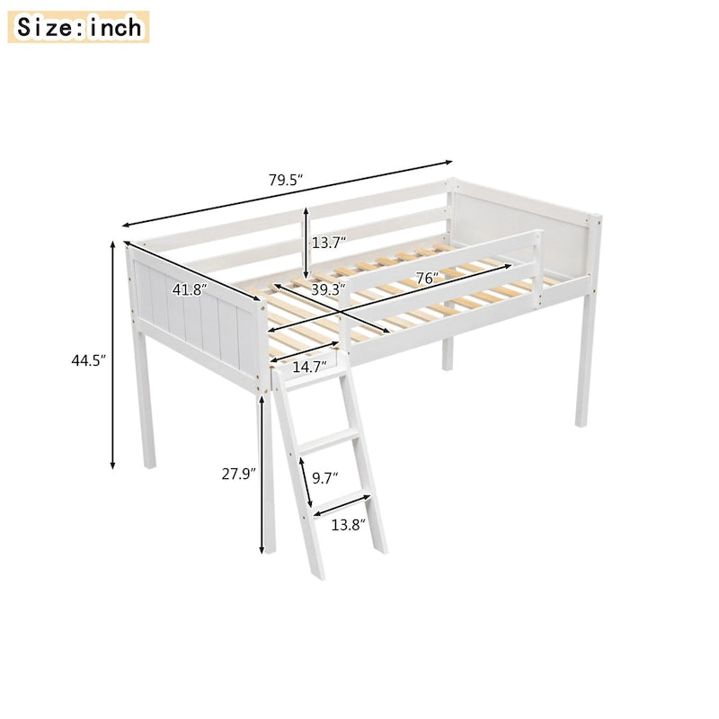 White Twin Size Low Loft Bed with Ladder & Fence Baffle