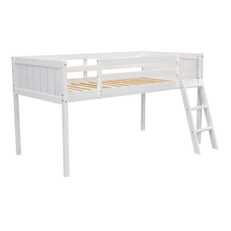 White Twin Size Low Loft Bed with Ladder & Fence Baffle