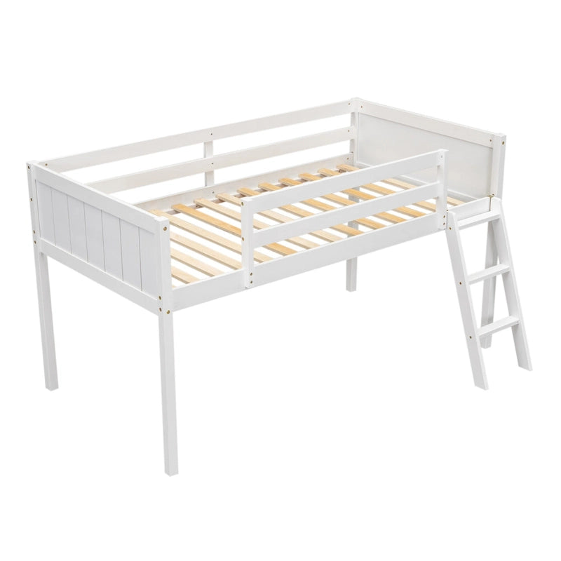 White Twin Size Low Loft Bed with Ladder & Fence Baffle