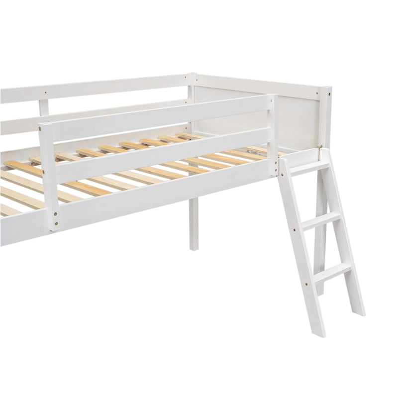 White Twin Size Low Loft Bed with Ladder & Fence Baffle
