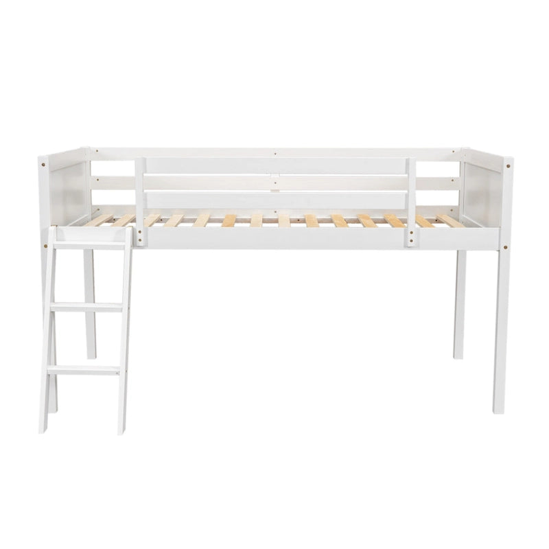 White Twin Size Low Loft Bed with Ladder & Fence Baffle
