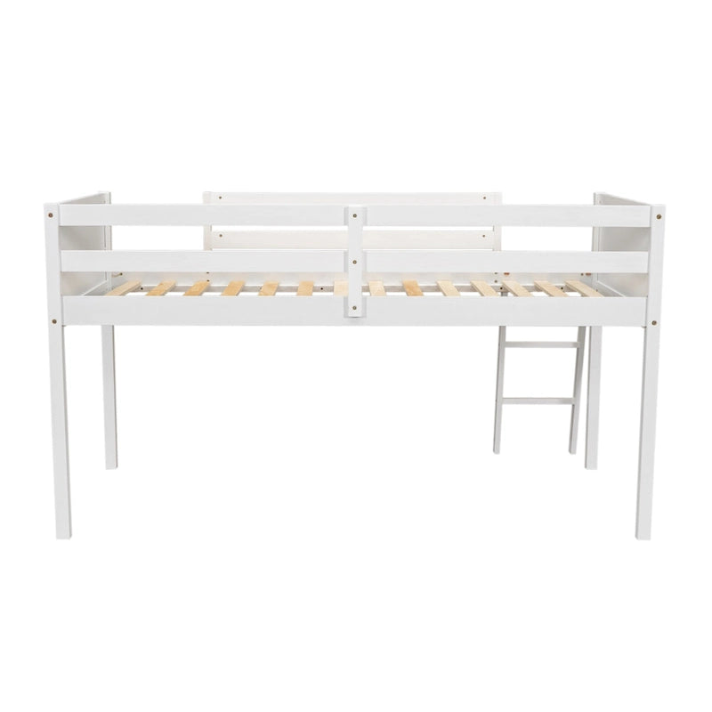 White Twin Size Low Loft Bed with Ladder & Fence Baffle