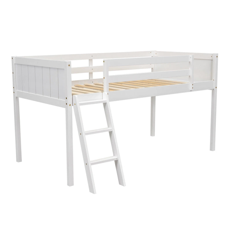 White Twin Size Low Loft Bed with Ladder & Fence Baffle